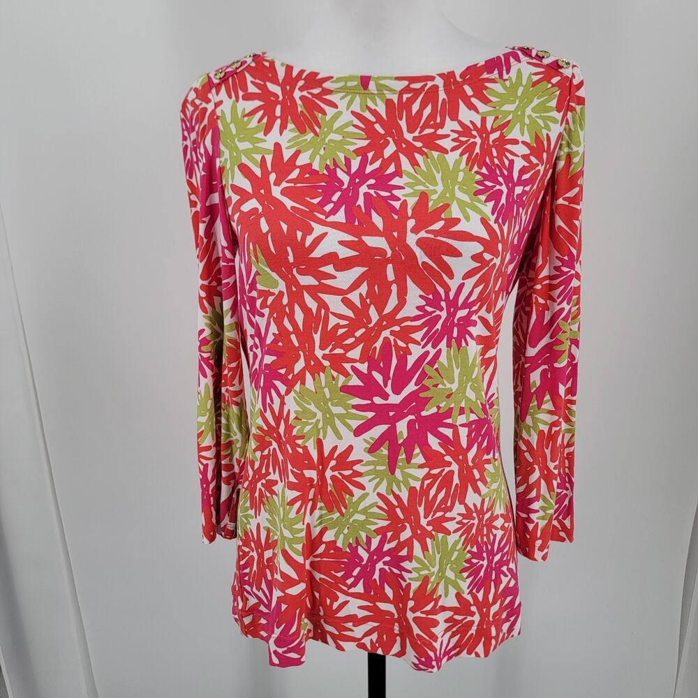 Pappagallo Top Womens Small Floral Print Boat Neck Button Stretch Pink Green